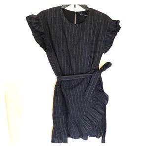 Navy Striped Ruffle Wrap Dress